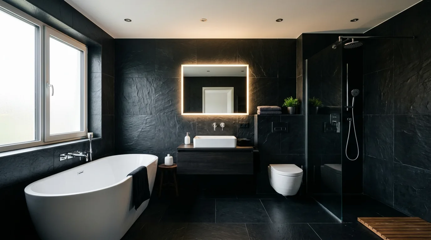Create contrast with black slate inspiration for a tiled bathroom.